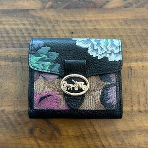 Coach Georgie Small Black Wallet in Signature Canvas With Kaffe Fassett Print